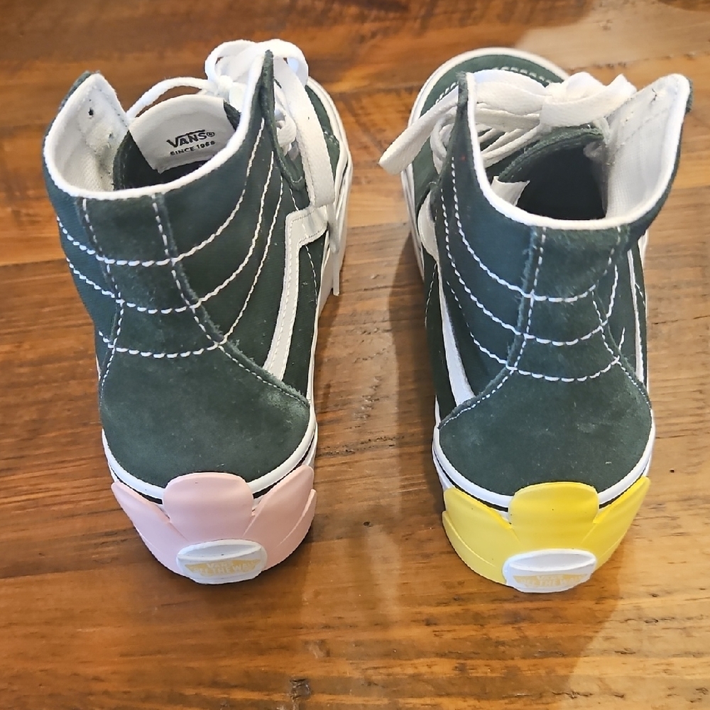 Vans Womens Green Sneakers with Pink and Yellow Accents